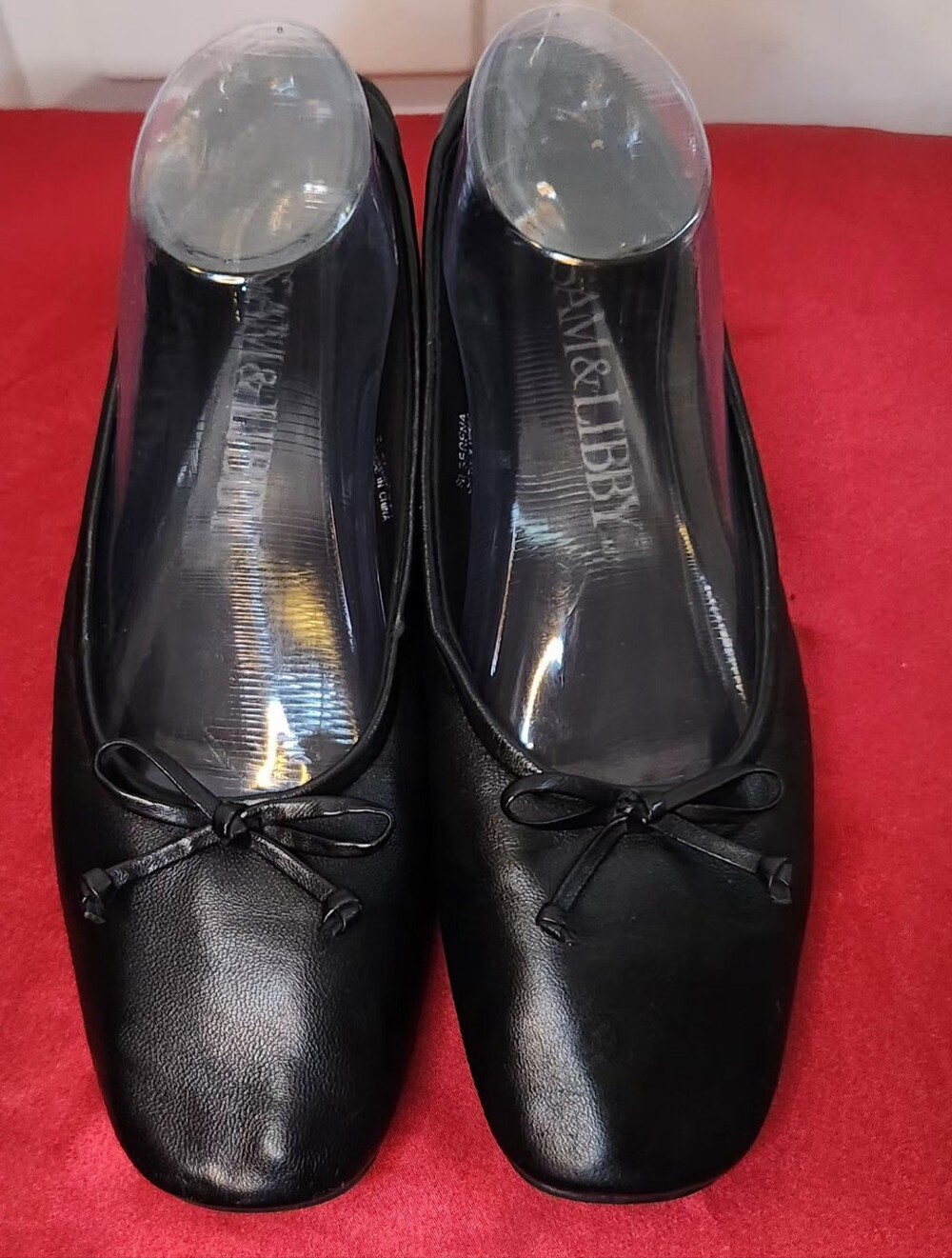 Sam & Libby Black Leather Square Toe Ballet Flats with Bow